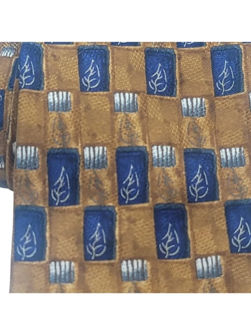 Handcrafted J.Z. Richards Parisian All Silk Tie Gold & Navy Blue Leaf Pattern